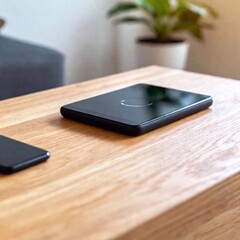 close-up of a wireless charging pad with a phone on it, the charging indicator in sharp focus while the rest of the pad and background are softly blurred, showcasing the convenience of wireless