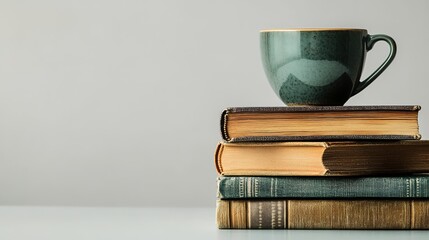 Naklejka premium Green cup on stack of old books, minimalist backdrop