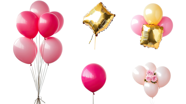 Pink and Gold Balloon Bouquets on Transparent Background Generative AI
