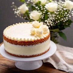 An aerial view of a classic vanilla cake with elegant buttercream frosting and floral decorations, with the cake and details in sharp focus and the background softly blurred, emphasizing the cake's