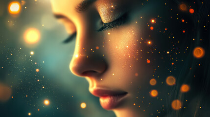 Obraz premium A woman with closed eyes surrounded by glowing particles at night in an artistic portrayal of tranquility and beauty
