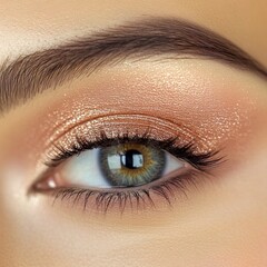 Fototapeta premium Close-up of a beautiful eye showcasing stunning makeup. The shimmering eyeshadow highlights the eyelid beautifully. A perfect fit for beauty and cosmetic purposes. AI