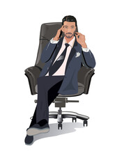 Businesman in the suit, a director, sitting in the office chair, talking on the phone. Hand drawn vector illustration.