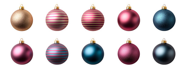 Colorful Christmas ornaments on white isolated background transparent background