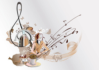 Coffee music. Abstract treble clef decorated with coffee wave, beans and a cup. Hand drawn vector illustration.
