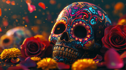 Intricately designed sugar skulls with bright, festive colors, surrounded by roses
