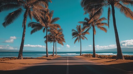 Obraz premium Palm trees line a road leading to a beach with blue skies and calm waters.
