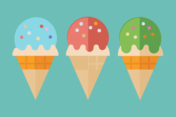  vector of 3 different ice cream flavors in cones