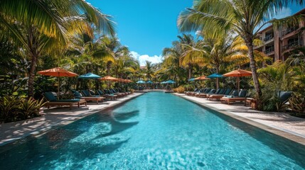 Relaxing pool area with lounge chairs and vibrant umbrellas amidst lush tropical landscaping