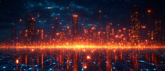 Fototapeta premium Futuristic Cityscape with Glowing Lights and Digital Grid
