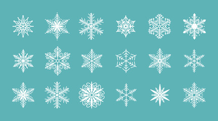 Unique snowflakes set, detailed hand drawn flat vector line illustration. Graphic outline drawing. Christmas and New Year symbol. Beautiful snowflake silhouette icon for frosty winter designs.