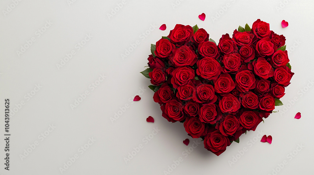 Aufkleber top view of a bouquet of red roses arranged in a heart shape on a white background with scattered ti