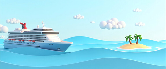 Naklejka premium Graphic illustration of a passenger ship or cruise ship traveling to vacation destinations on the world's oceans, ocean tourism and cruises