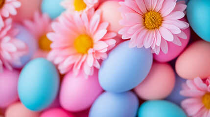 Vibrant kaleidoscopic pattern of Easter eggs and flowers in radiant pastel hues spinning in a hypnotic, playful motion abstract celebration of spring and Easter 