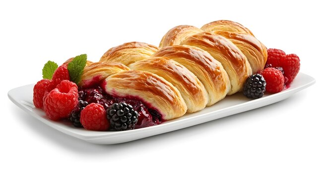 Delicious berry danish pastry on a white plate with fresh raspberries and blackberries
