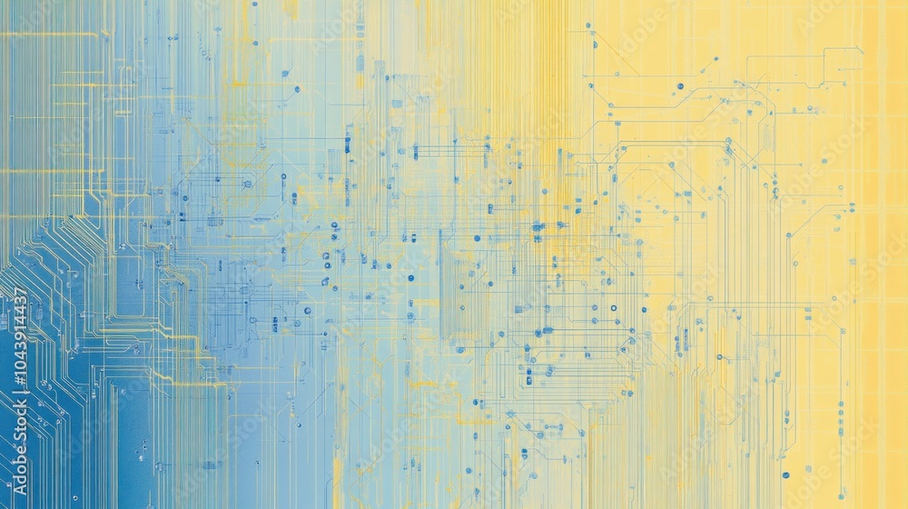 Poster abstract digital design featuring blue and yellow lines resembling circuit patterns.