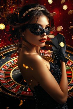 Woman in elegant dress at a roulette table, holding a card with chips flying around her