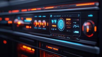 A sleek, modern audio receiver with vibrant displays and controls, blending technology and design in a dark aesthetic.