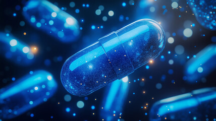 Magical glowing blue capsule with sparkling cosmic effect and golden particles floating in dark space with bokeh background