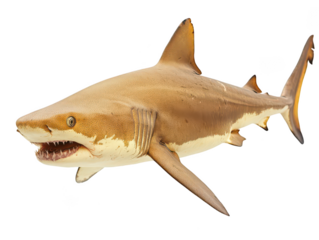 Close-up of a shark with sharp teeth and textured skin against a white background.