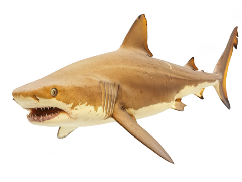 Close-up of a shark with sharp teeth and textured skin against a white background.