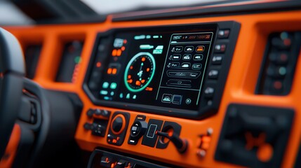 A close-up of a modern vehicle dashboard showcasing advanced controls, digital displays, and vibrant orange accents.