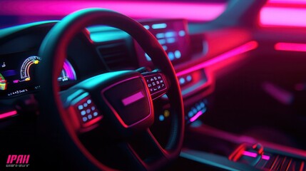 A sleek, modern car interior illuminated with vibrant neon lights, showcasing a stylish steering wheel and advanced dashboard technology.