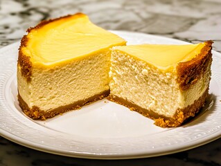 A slice of cheesecake on a white plate on a marble table