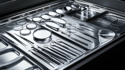 A stainless steel tray with a variety of surgical instruments organized and ready for use.