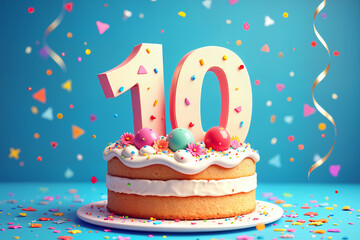 10th birthday card. Large, colorful birthday cake with the number 10 prominently displayed on top, surrounded by confetti and placed on a blue surface.