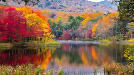 Obraz premium A lake surrounded by colorful trees in the fall