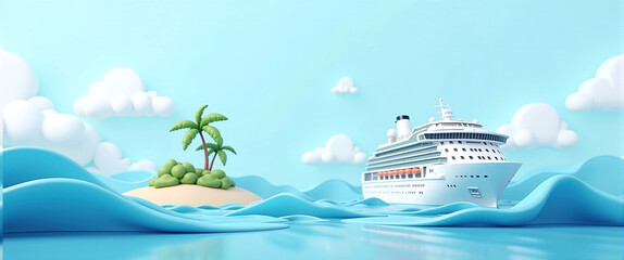 Graphic illustration of a passenger ship or cruise ship traveling to vacation destinations on the world's oceans, ocean tourism and cruises