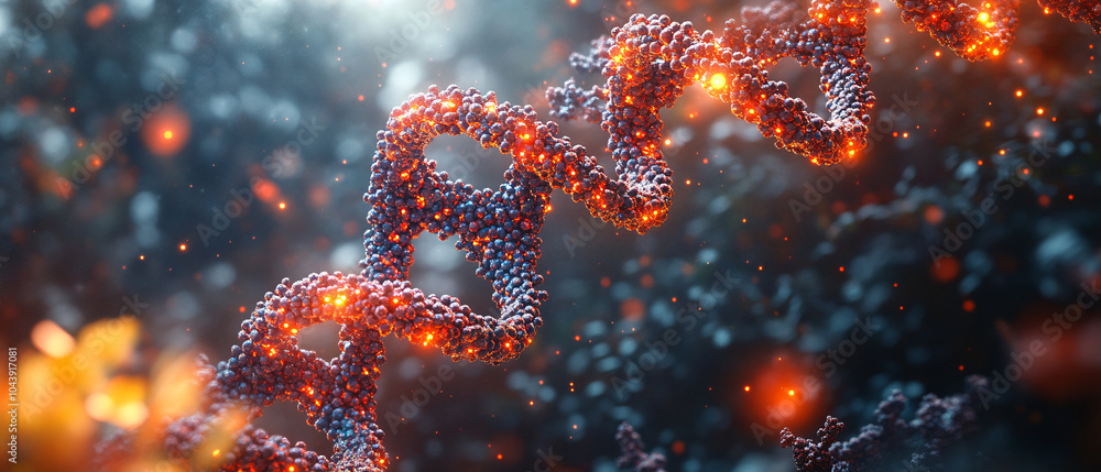 Poster abstract dna double helix structure with glowing particles