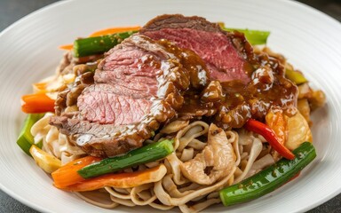 A plate of food including meat vegetables and noodles