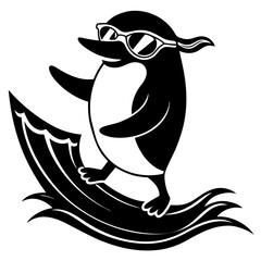 a penguin in sunglasses riding a wave.