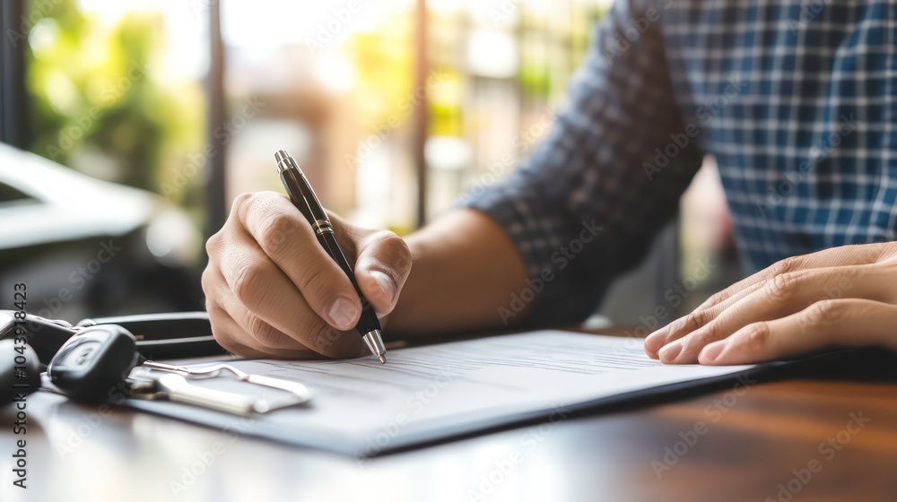Aufkleber A person signing a document with a pen, with car keys on the table.