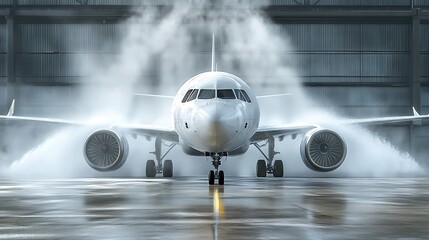 Airplane being washed in hangar with fog and water spray.