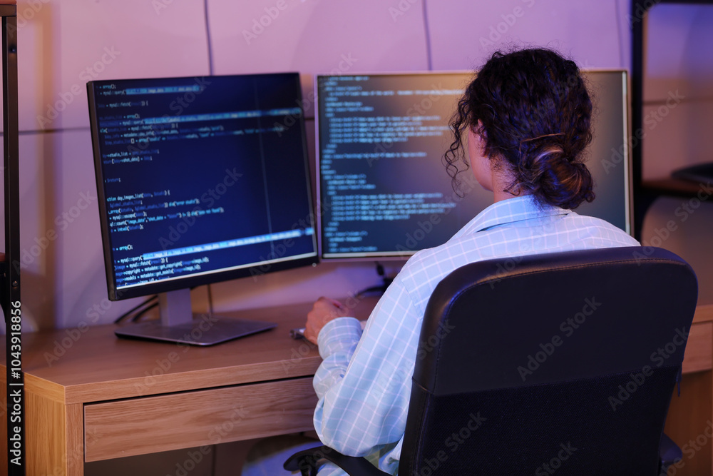 Aufkleber young african-american qa engineer working with computer in office at night, back view