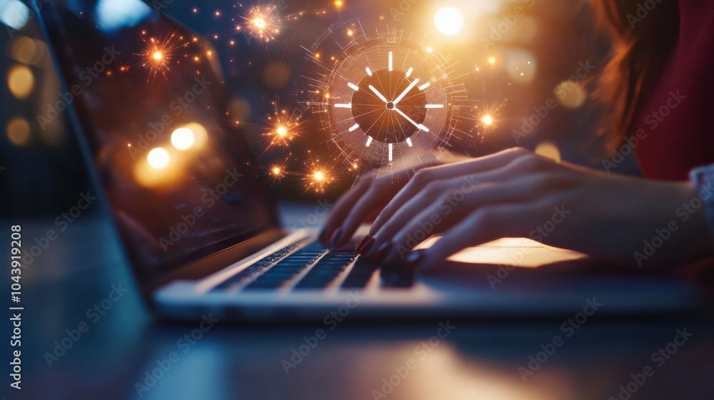 Poster a person working on a laptop displaying a clock design while surrounded by warm ambient lights in a 