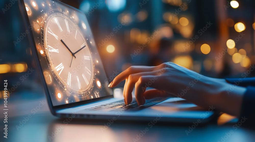 Poster a person working on a laptop displaying a clock design while surrounded by warm ambient lights in a 