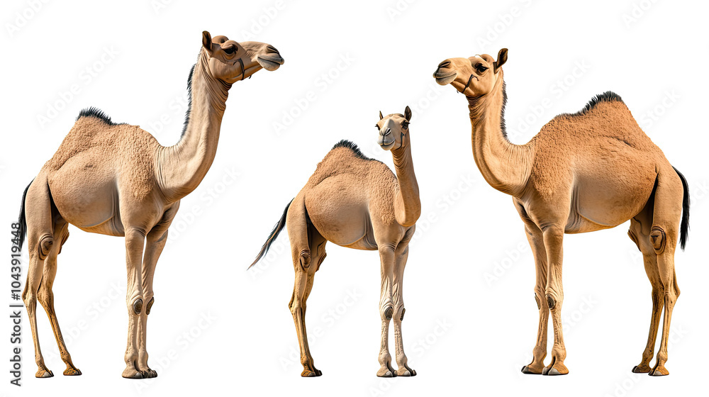 Poster set of camels displayed individually on a transparent background generative ai