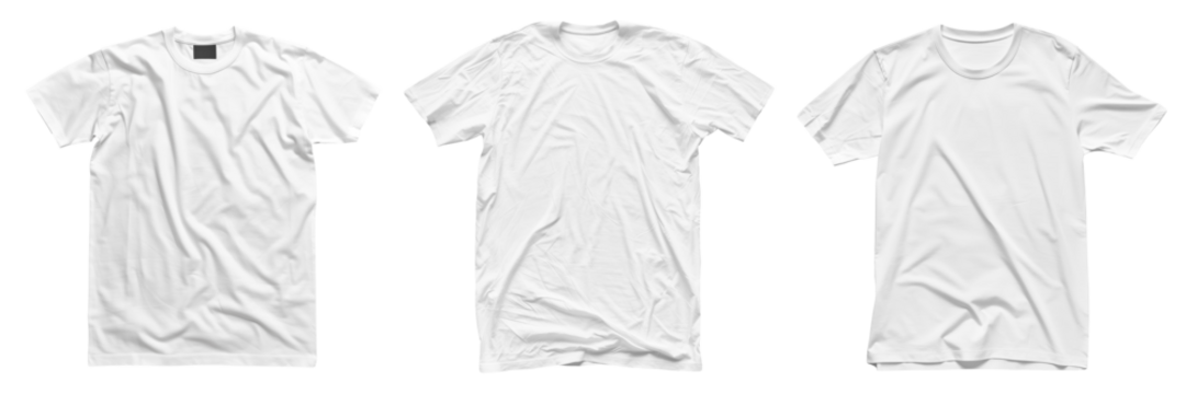 Three basic white wrinkled t-shirts are displayed on a transparent background. Mockup of isolated clothes for an advertisement or poster design.