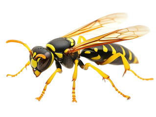 Close-up of a vibrant yellow and black wasp isolated on white background.