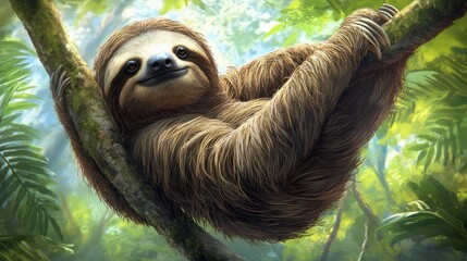 Fototapeta premium Funny sloth hanging on tree branch, cute face look, perfect portrait of wild animal in the Rainforest of Costa Rica scratching the belly, Bradypus variegatus, brown-throated three-toed sloth, relaxed