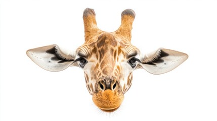 Fototapeta premium Giraffe with long head look upside down on white