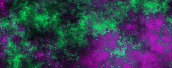 Fictional space volcano nebula aquamarine and purple abstract glowing space stars. Vintage paper textured aquarelle. Artificial magic green smoke with purple light smoke color isolated dark background