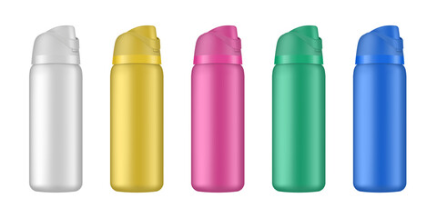 Set of drinking bottles. 3d mockup of a travel tumbler. Set of white, yellow, pink, blue and green water bottles. Thermos template. Bicycle sport container	