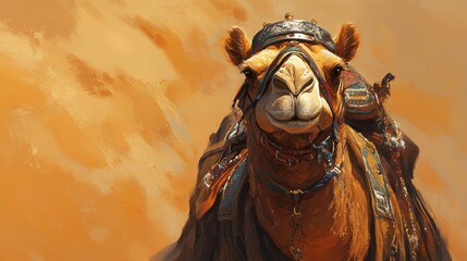 Naklejka premium A camels head adorned with traditional desert gear, standing proudly against a backdrop of golden sand dunes.