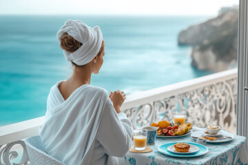 a woman sitting at a table set for breakfast