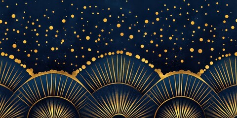  Elegant dark blue and gold fan-like pattern with sparkling dots, inspired by art deco design, creating sophisticated, luxurious visual appeal.
